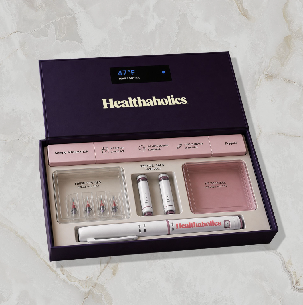 The Healthaholics kit box with pen, vials and needle tips