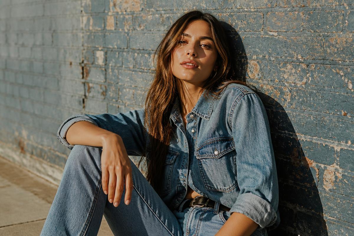 Portrait against a blue brick wall
